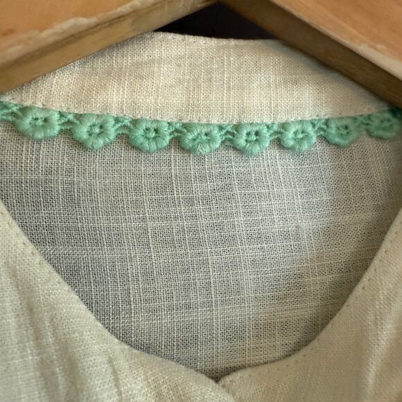 Cream Linen Blend Eyelet Blouson Shirt Scalloped Hem, lace trim | Medium - Picture 5 of 8